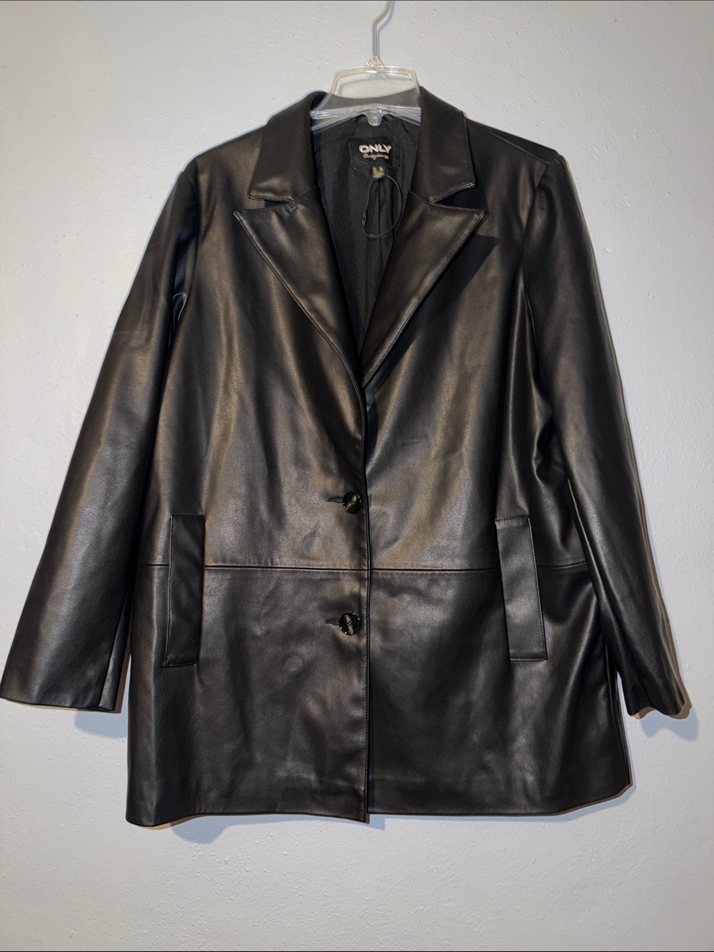 ONLY Black Faux Leather Notch Collar Blazer